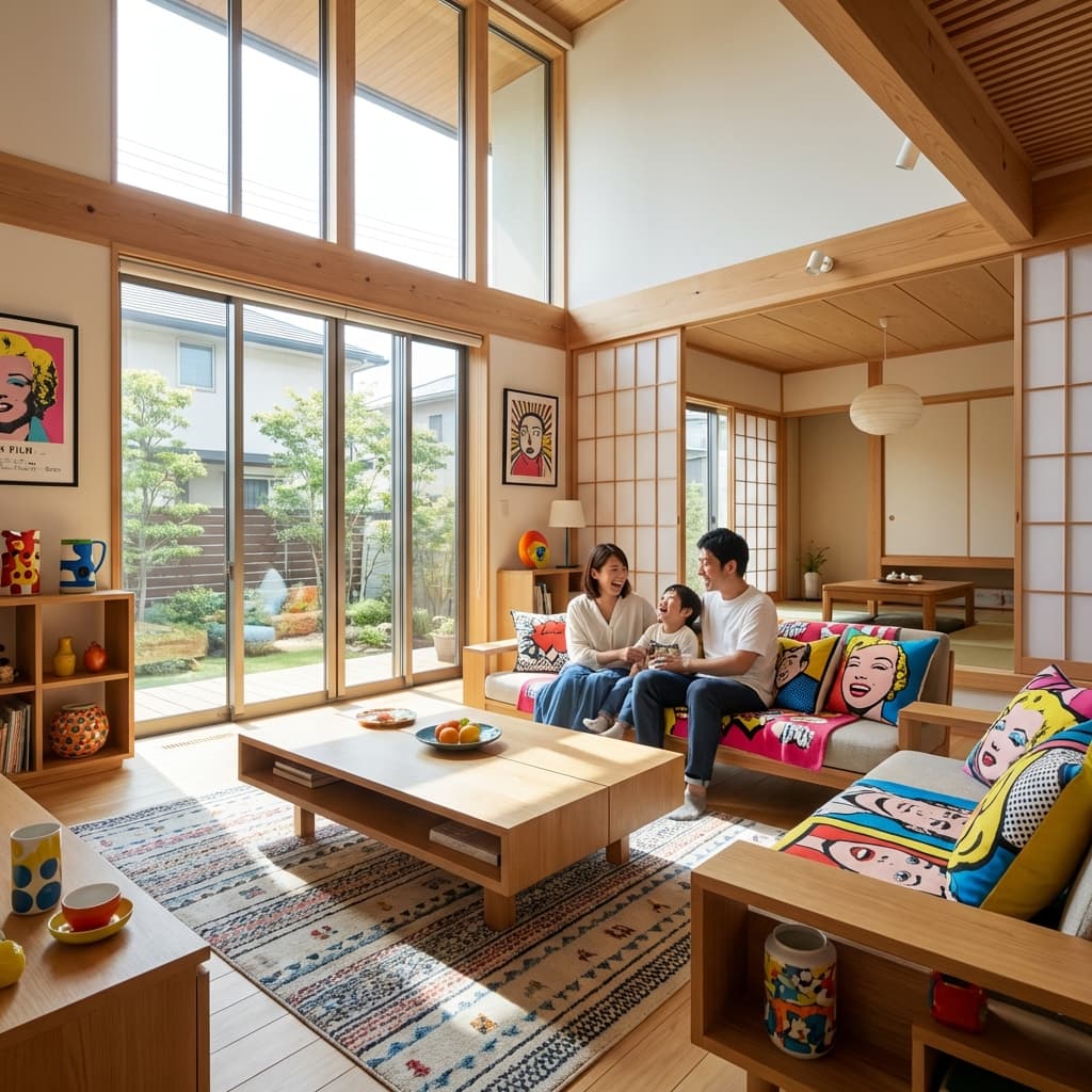 明るくポップなリビングルームと家族